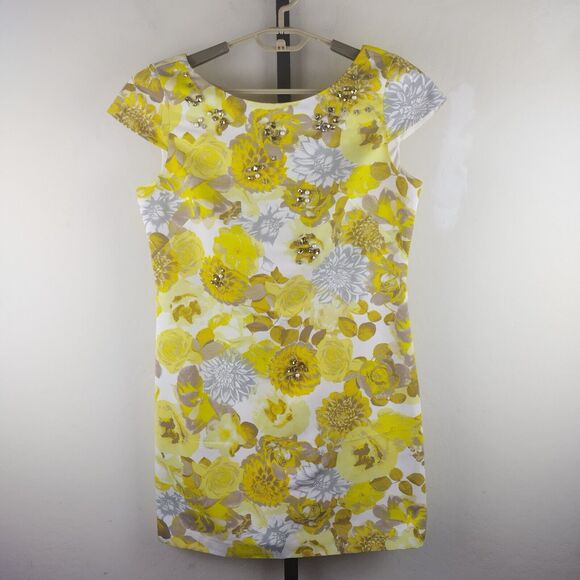 Eliza J. Cap Sleeve Shift Dress Yellow Gold Floral Rhinestone Pearl Jewels - Picture 1 of 9